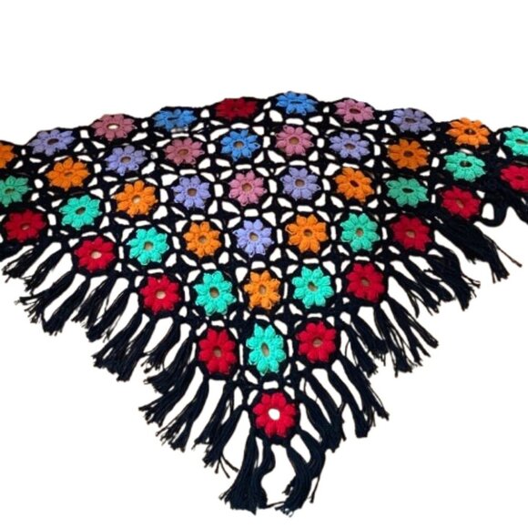 Vintage crochet knit granny flowers floral multicolor wrap scarf shawl w fringe - Picture 5 of 12